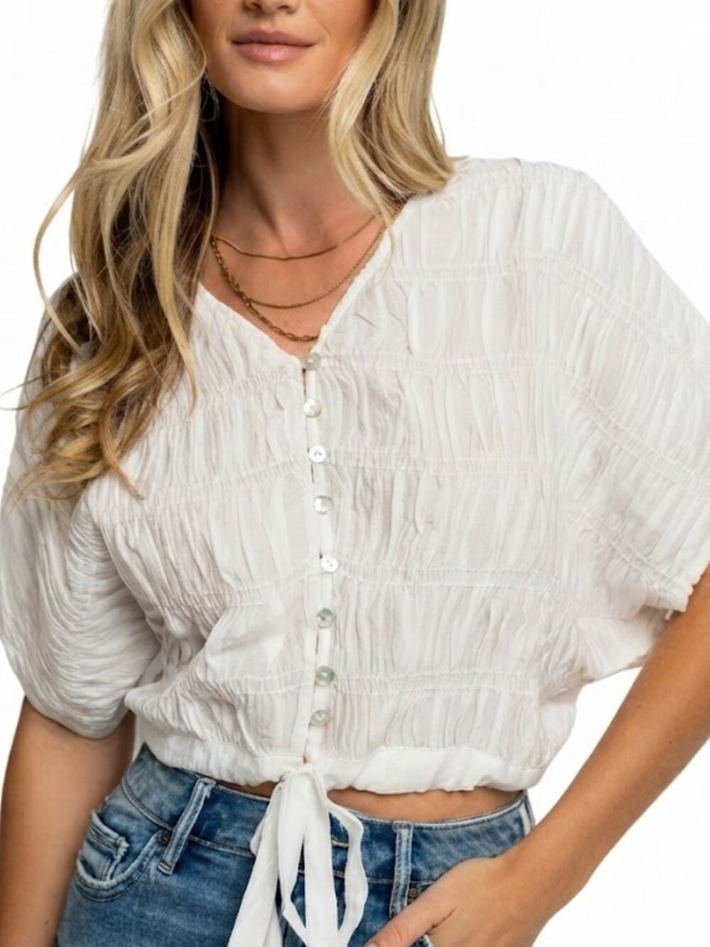 Boheme White Ruched Button Front Tie Hem Blouse Medium Boho Chic